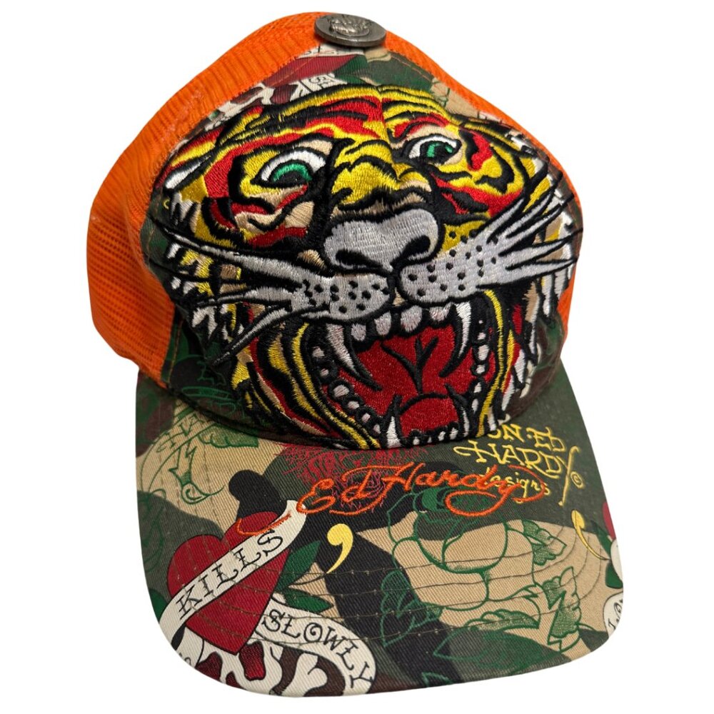 Authentic Ed Hardy "Love Kills Slowly" Tiger Orange Mesh Snapback Trucker Hat